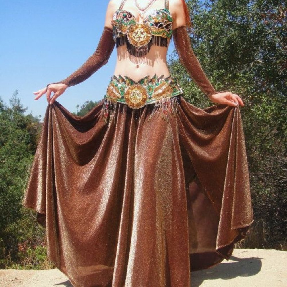 Ameynra Belly Dance Costume Brown Gold Size M, Full set, New